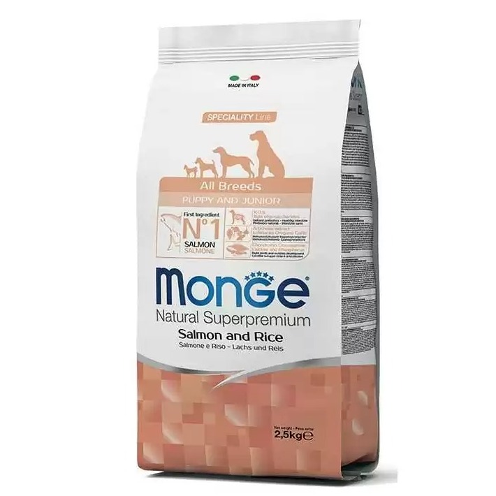 MONGE DOG PUPPY JUNIOR ALL SALMON RICE sausā barība kucēniem Lasis, rīsi 2.5kg